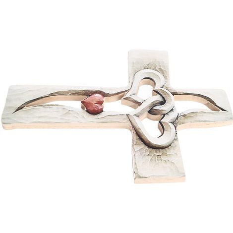 Croix en bois sculptée, motif cœurs entrelacés, à suspendre au mur. Croix en bois sculptée à la main, idéale pour la décoration du salon, du bureau, de la chambre ou du salon. Motif cœur rouge. (1/5)