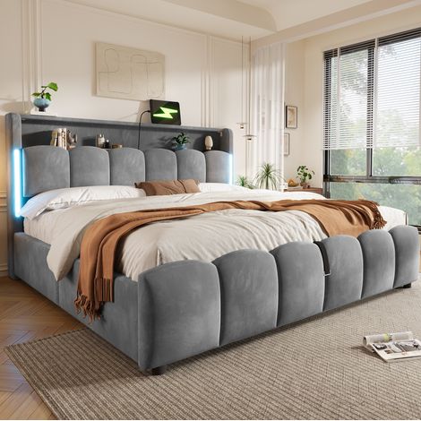 Lit coffre 180x200 cm en velours gris, avec rangement pour chambre, sans matelas FloraGrace (1/5)