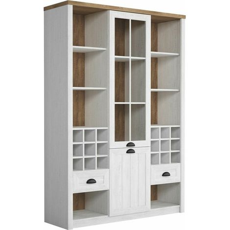 Estantería Ferdore 155 , Con puertas, Cerrable, Con cajones, Aglomerado laminado, Vidrio, MDF, Número de puertas: 2, Número de cajones: 2, 198x140x43cm (1/3)
