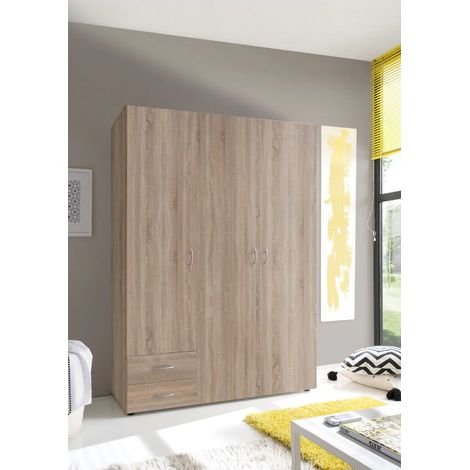 Armadio Guardaroba 3 Ante e 2 Cassetti Armadio Camera da Letto Moderno 121x177x51 cm (LxHxP) Ampio Spazio Organizzativo con Barra Appendiabiti Colore Rovere