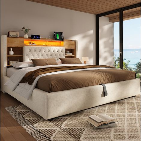 Letto imbottito retrò 180x200 cm con contenitore idraulico, LED, USB/Type-C, testiera con mensole, lino beige (1/5)