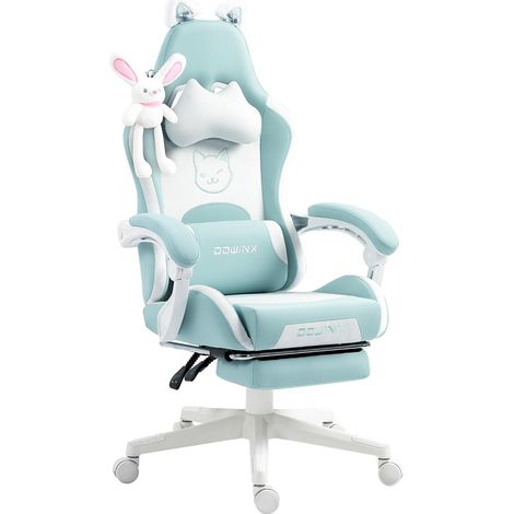 Fauteuil de jeu ergonomique Dowinx Chat Mignon, Cuir PU, Repose-pieds, Soutien lombaire, Dossier haut, Bleu, Fauteuil de bureau (1/5)