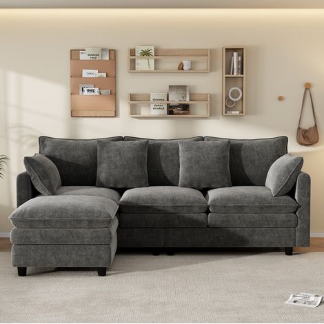 Canapé d'angle 3 places réversible avec méridienne mobile, tissu gris, 4 coussins, 3 dossiers, 212 x 150 x 90 cm, 120 kg, CHICFURN (1/5)