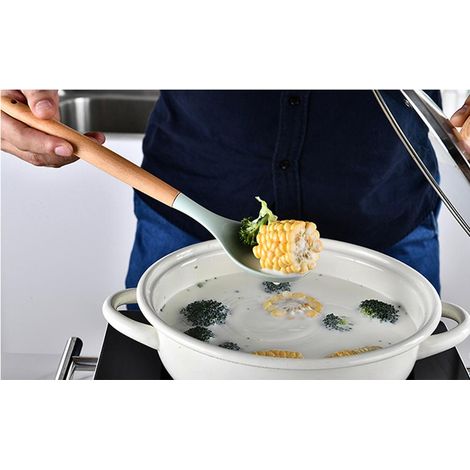 Cuillère de cuisine à manche en bois, ustensiles de pâtisserie en silicone robuste et durable (1/5)