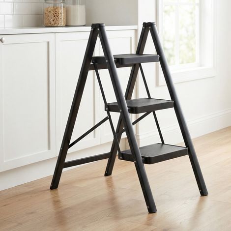 Escabeau Pliant 3 Marches, Charge Max. 150 kg, pour la Maison et le Bureau, Noir