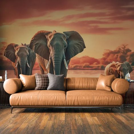 Papier Peint Animaux - Éléphants au coucher du soleil - 150 x 250 cm (1/2)