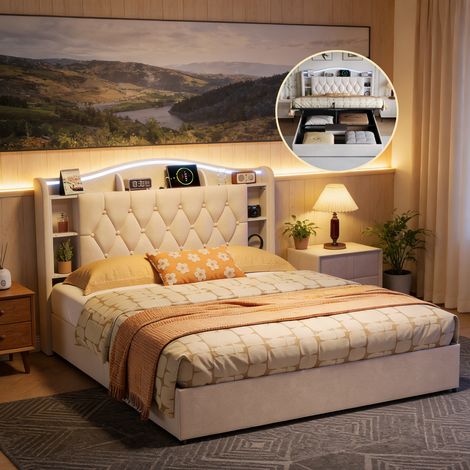 Lit 160x190 avec LED et Charge USB Tpye C - Lit Coffre avec Rangement et Tete de Lit bibliotheque - 2 Personnes - Velours Beige (1/5)
