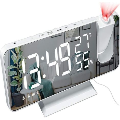 Réveil à projection, réveil numérique LED avec projection à 180°, radio-réveil, réveil à projection, miroir, double réveil avec fonction snooze, variateur automatique, radio FM 32 stations, blanc (1/5)