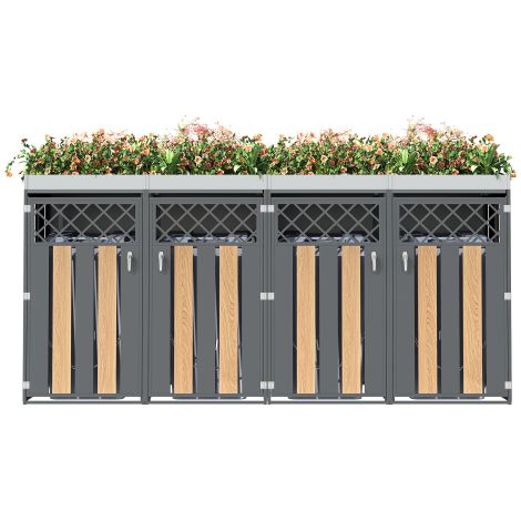 Boîtier pour poubelles avec trous de ventilation en forme de losange, compartiments de rangement pour les déchets, verrouillable, quatre portes, espace de plantation (1/5)