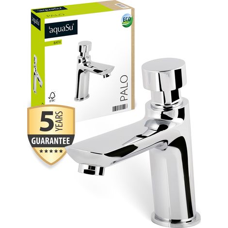 'aquaSu® Standventil Palo mit Wassersparmischdüse, selbstschließend mit einstellbarer Durchflussmenge, Kaltwasserhahn aus Messing, klassische Waschbeckenarmatur in chrom, 796224 (1/5)