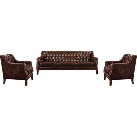 Canapé 3 places et 2 fauteuils en cuir COLBERT - Marron (1/5)