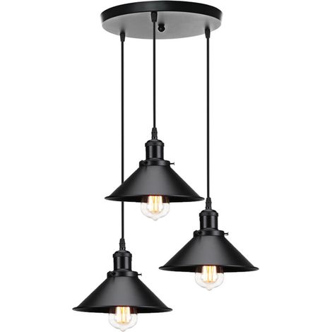Suspension industrielle vintage luminaire en métal fer , rétro lustre lampe plafonnier corde ajustable pour cuisine salle à manger salon bar, Noir (1/4)
