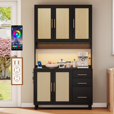 Credenza cucina 183 cm con luce LED, prese di corrente e USB, ripiani regolabili, 5 ante e 3 cassetti, colore nero (1/5)