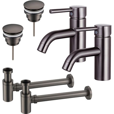 FugaFlow Eccelente Sobrado Kit robinet lavabo - pour double vasque - robinet bas - bonde clic clac - siphon design bas - Gunmetal PVD (1/4)