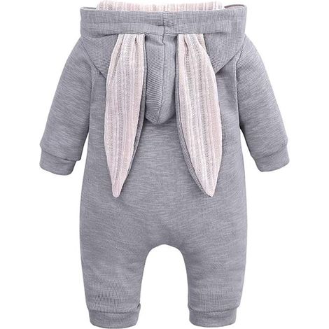 1 grenouillère bébé à fermeture éclair, oreilles de lapin, capuche, manches longues, coton, gris ou rose (1/5)