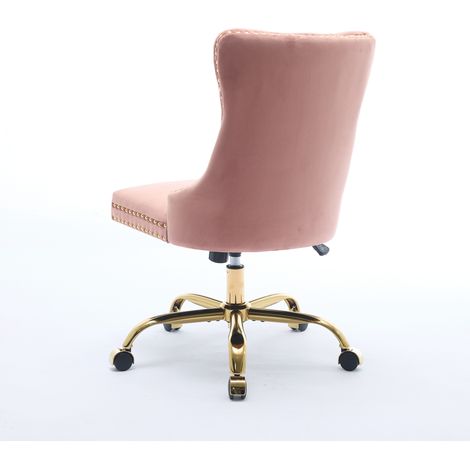 Fauteuil de bureau en velours rose, design moderne avec piqûres capitonnées et base dorée en métal, chaise pivotante réglable pour bureau à domicile, assise confortable, modèle DE1923PK (1/5)