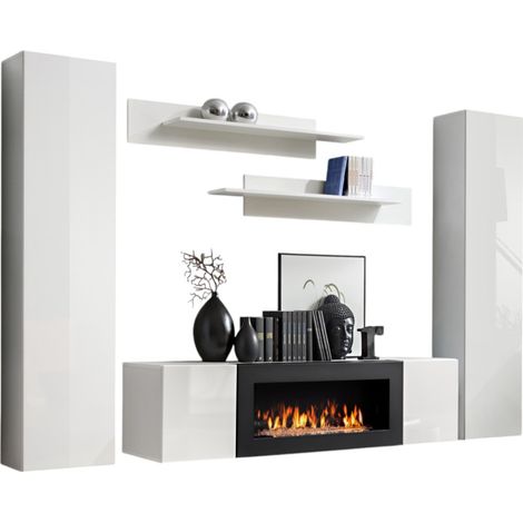 Conjunto de muebles suspendidos con chimenea decorativa colección FLY M1. Color blanco.