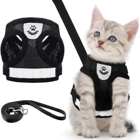Harness and Leash Set for Puppy/Cat Harness Vest Adjustable Leak Proof Soft Mesh Breathable Mesh Chest Leash for Dog Cat Pets (Black) (1/5)
