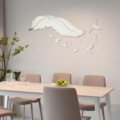 Feder Wanddeko Groß Moderne Einfache Wandskulpturen mit 7 Fliegende Vögel, Leichtes und Strukturiertes Harzmaterial Aesthetic Room Decor für Zuhause Schlafzimmer Flur Wohnzimmer Badezimmer Büro