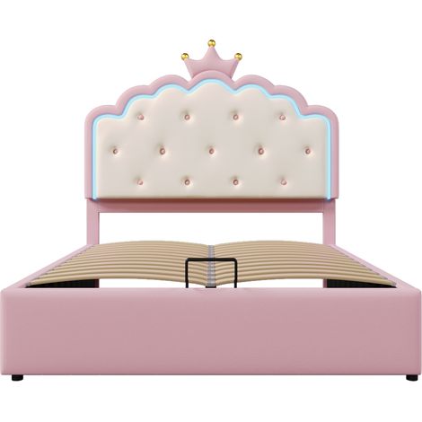 Cama princesa 140 x 200 cm con somier, LED, almacenamiento hidráulico, PU rosa (1/5)
