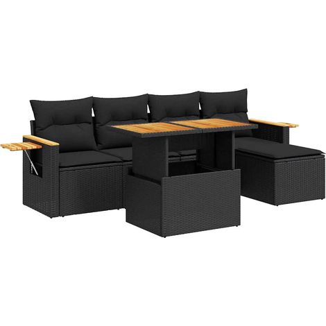 vidaXL Set Divano da Giardino 6 pz con Cuscini Nero Polyrattan Acacia (1/5)