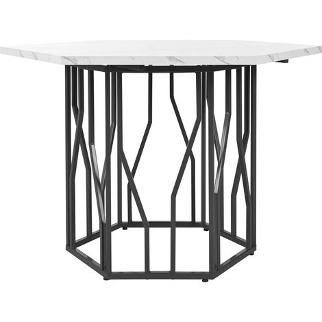 Mesa de comedor hexagonal moderna con tablero efecto mármol y base metálica negra (1/5)