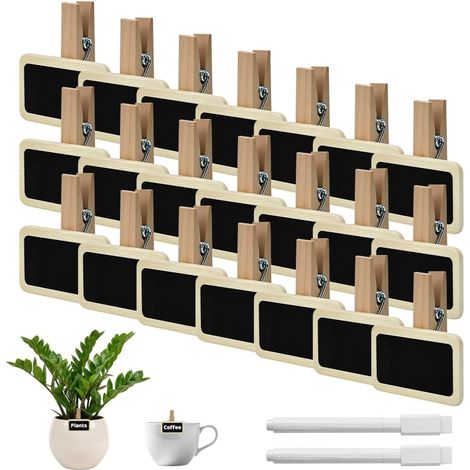 Paquete de 100 mini pizarras con pinzas - Pizarra pequeña de madera - 4 x 2 cm - Con rotulador - Tablero de notas para plantas, recordatorios, notas, etiquetas, decoraciones para fiestas (1/5)