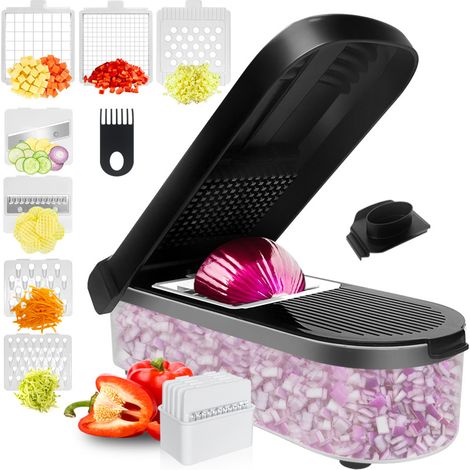 Hachoir à viande, trancheuse, râpe à fromage, hachoir à légumes, récipient à salade, coupe-frites, coupe-pommes de terre, ustensiles de cuisine 7 en 1 compacts noirs (1/2)