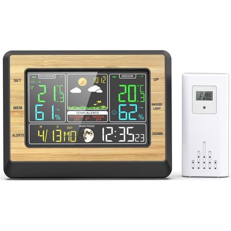 Station météo sans Fil, Thermomètre Hygromètre Baromètre Intérieure Extérieure avec Capteur LED Ecran Rétro-éclairage Horloge Numérique Alarme et Snooze Affichage Heure Date Jour,18142.5cm (1/5)