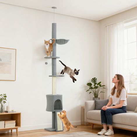 Tiragraffi a tutta altezza, regolabile da 220 a 240 cm, con amaca, piattaforme a forma di fiore, grotte, rampa e palla, colore grigio chiaro. (1/5)