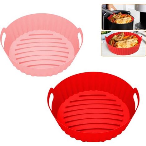 2 pièces - Revêtement en silicone pour friteuse à air - Panier pour friteuse à air - Friteuse à air ronde réutilisable en silicone - Rouge + Rose - Accessoires pour friteuse à air rouge (1/5)