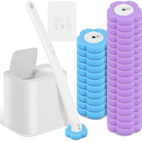 Brosse de toilette, jetable, avec têtes de rechange pour tige de toilette, brosse WC avec recharge de nettoyant et éponge (blanc + 30) (1/5)