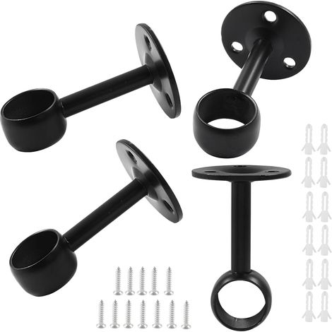Juego de 4 soportes para barras de cortina de armario, de acero inoxidable, con base tubular redonda (25 mm de diámetro, color negro).