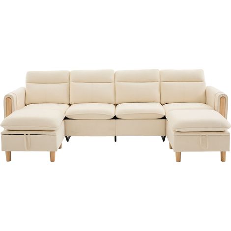 Modulares U-Sofa mit 4 Sitzen aus beigem Chenille mit 2 Stauraum-Hockern und Holzbeinen (1/5)