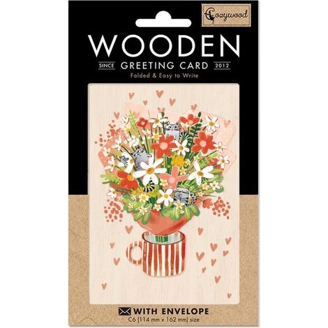 C6-Holzkarte + Umschlag mit Blumenstrauß und Katzenmotiv