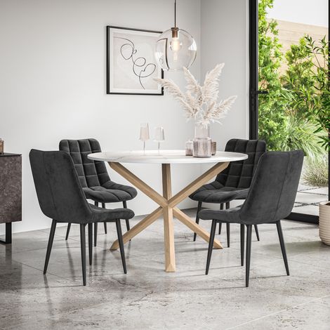 Malvern Round Dining Table And Chairs -  Marble Table Top w Solid Oak Legs + Nova Velvet Dining Chair Set Of 4 (Black) (1/5)