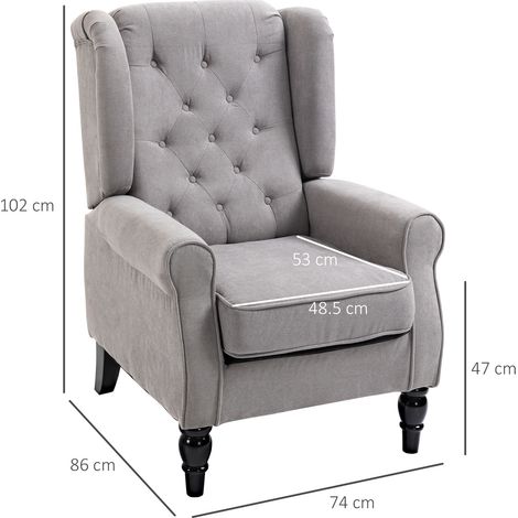 Sillón, sillón orejero con reposabrazos, sillón de salón con cojines, capitoné, respaldo alto, sillón con patas de madera, sillón reclinable para salón, dormitorio, gris