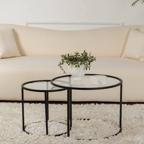 Dmora - Set mit 2 Couchtischen Abbadesse, Niedriger Wohnzimmertisch, Kaffeeregal, Couchtisch für Sofa, 60x60 h43 cm, Schwarz und Transparent (1/5)
