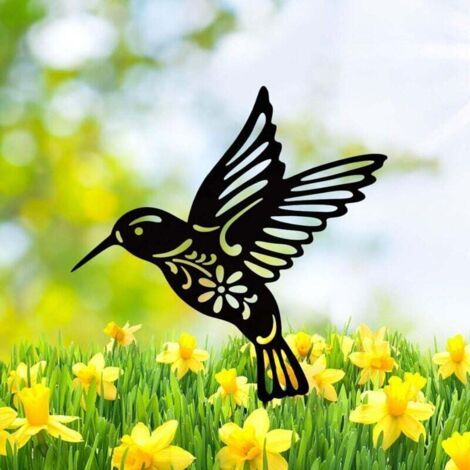 Sculpture de colibri en métal noir, décoration murale extérieure, convient aux jardins, terrasses et aménagements paysagers. (1/3)
