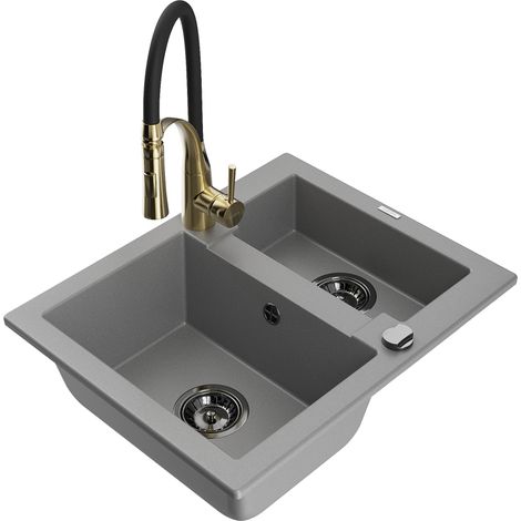 Mexen Carlos évier en granit 1,5 bacs avec robinet de cuisine Aster, gris - 6518-71-73450-57-B (1/5)