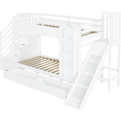 Lit superposé pour enfant avec bibliothèque intégrée, deux tiroirs à roulettes, toboggan et escalier doté de rangements, constitué de pin, MDF et contreplaqué, finition blanche, dimensions 90×200 cm (1/5)