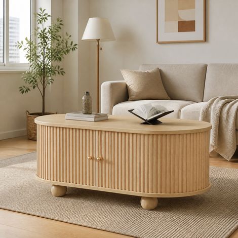 MEUBLIV Tavolino ovale 100x50x40 cm effetto legno con contenitore e ante scorrevoli (1/5)