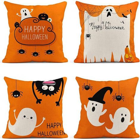 Ensemble de 4 taies d'oreiller en lin, motif fantôme, citrouille, œil et trois araignées suspendues, 45 x 45 cm (18 x 18 pouces), nuage orange, décoration Halloween. (1/5)
