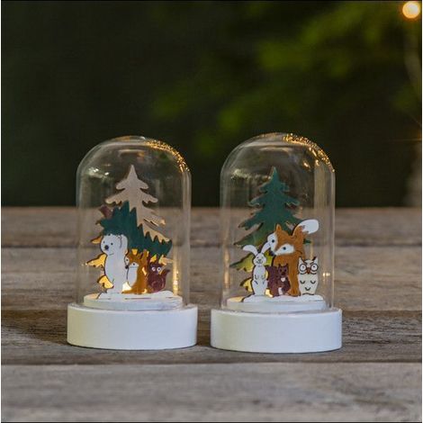 LED Weihnachtsdeko ,Forest Friends', 2er Set Glaskuppeln mit Tiermotiven aus Holz, Batterien + Timer, H 9cm (1/5)