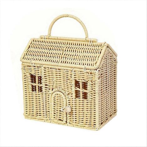Panier en rotin en forme de maison avec couvercle, organisateur d'étagère décoratif tressé à la main avec poignée pliable, panier en osier de récolte (1/5)
