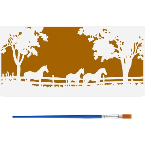 Pochoir Chevaux Avec 1 Pinceau en Plastique 30x15cm Scènes D'Écurie Modèle de Dessin Chevaux Arbres Clôtures Motif Herbe Pochoir pour Peinture sur Mur Bois DIY Décoration Intérieure (1/5)