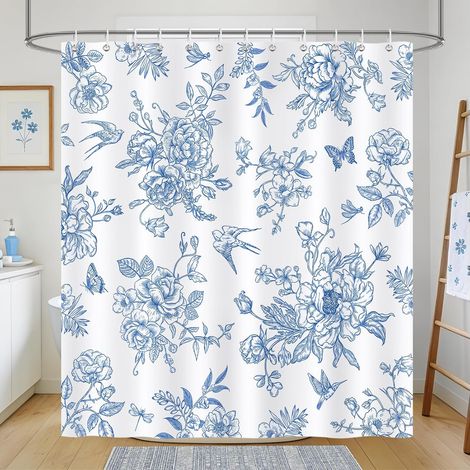Rideau de Douche Bleu Fleurs, Rideau de Baignoire Vintage Floral Oiseau Ferme Cottagecore 180 x 180 cm Polyester Imperméable Résistant à la Moisissure 12 Crochets (1/5)