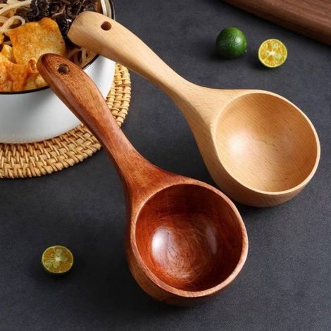 Lot de 2 cuillères en bois à long manche, style japonais, pour ramen, soupe et bouillie, marron (1/4)