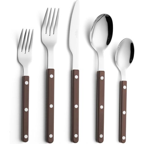 Ensemble de couverts, rétro/rivets, manches colorés, couverts de table en acier inoxydable, ensemble d'ustensiles de cuisine,Marron