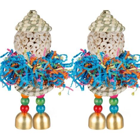 Lot de 2 Jouets pour Oiseaux à Suspendre avec Clochette pour Petits perroquets, perruches, calopsittes, Conures, Oiseaux d'amour, perruches (Chapeau Fille Grand) (Chapeaux naturels)
